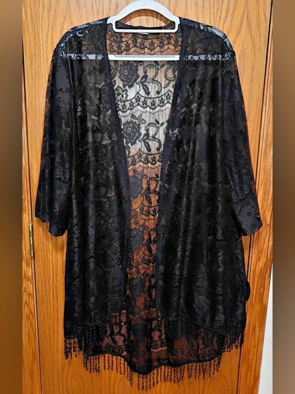 Women's Black Lace with Fringe Kimono, Size XL